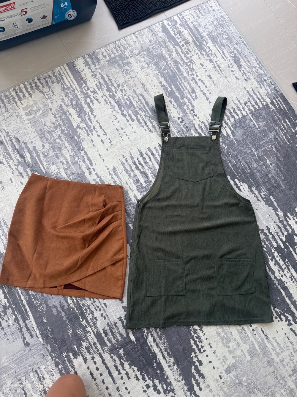 Women’s Olive Green Corduroy Overalls & Rust Brown Wrap Mini Skirt - Size Medium